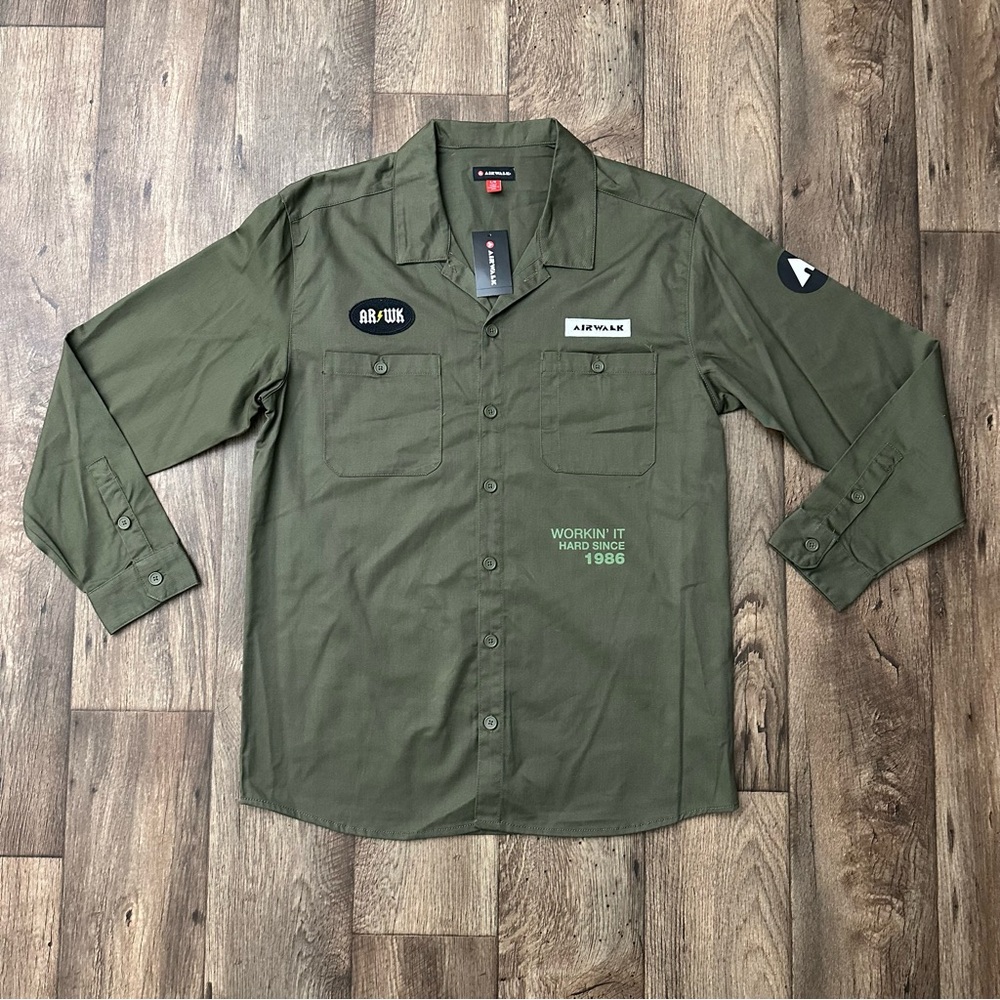 AIRWALK Patch Garage/Mechanic Button Up Long Sleeve work Shirt Size L